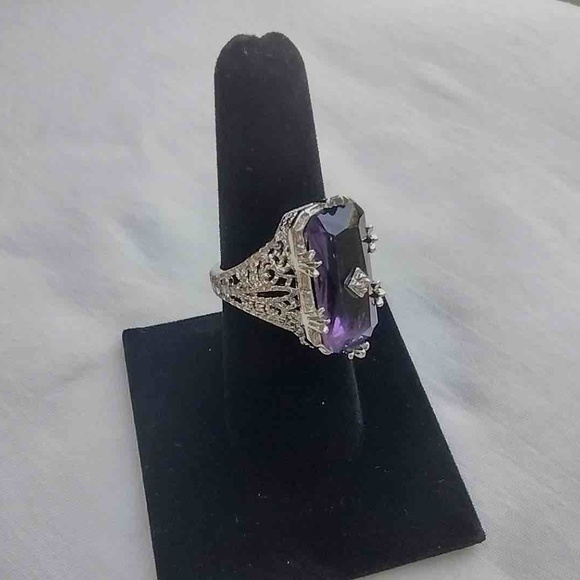 Large  Silver Tone Clear Purple Stone Ring with CZ Accent / Antique Reproduction - Picture 11 of 14